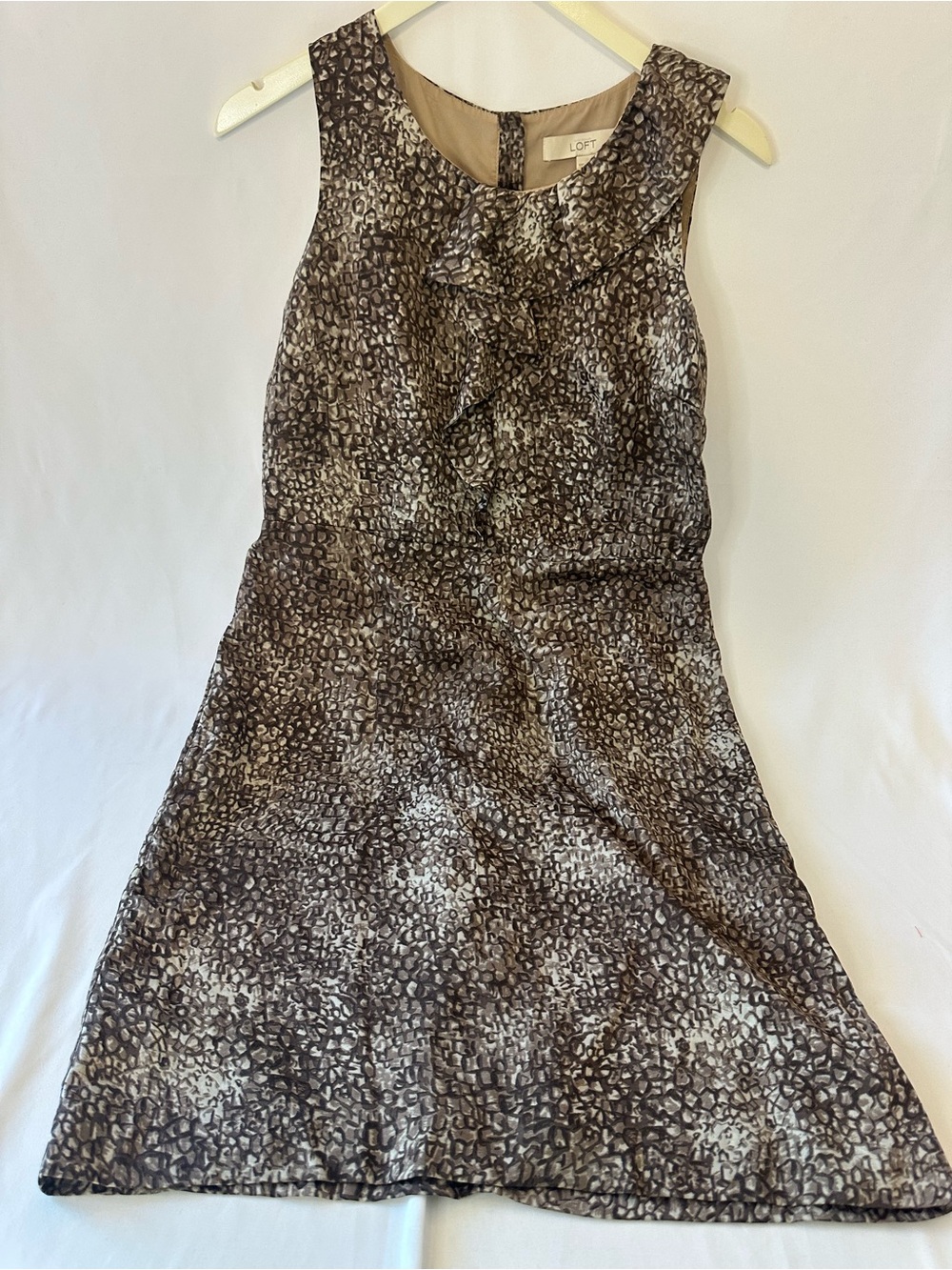 LOFT Brown and Cream Printed Sleeveless Ruffle Midi Dress